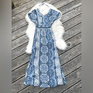 Blue White Floral Paisley Long Length Dress VTG